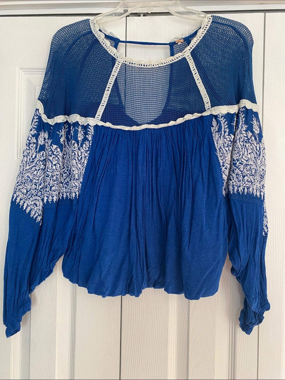 Boho Free People Embellished Crochet Yoke Blouse - Blue